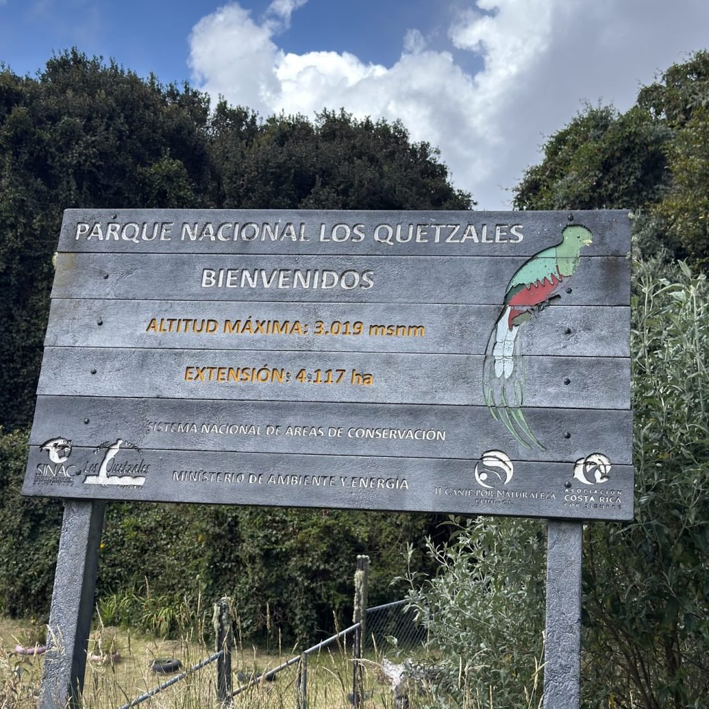 Welcome sign at Los Quetzales National Park, San Gerardo de Dota, Costa Rica