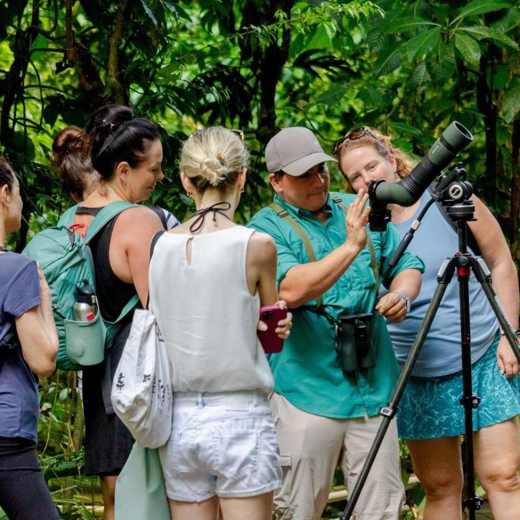 Wakoo Tours naturalist guide explaining a wildlife sighting to guests around a spotting scope in Manuel Antonio National Park